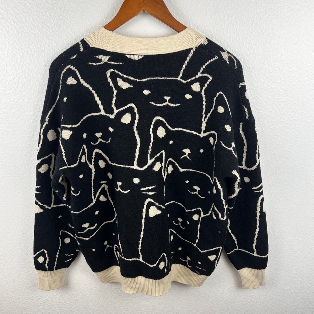 Oversized Chunky Knit Whimsigoth Sweater Small Cat Pattern Cardigan Artsy Unique - Picture 3 of 8